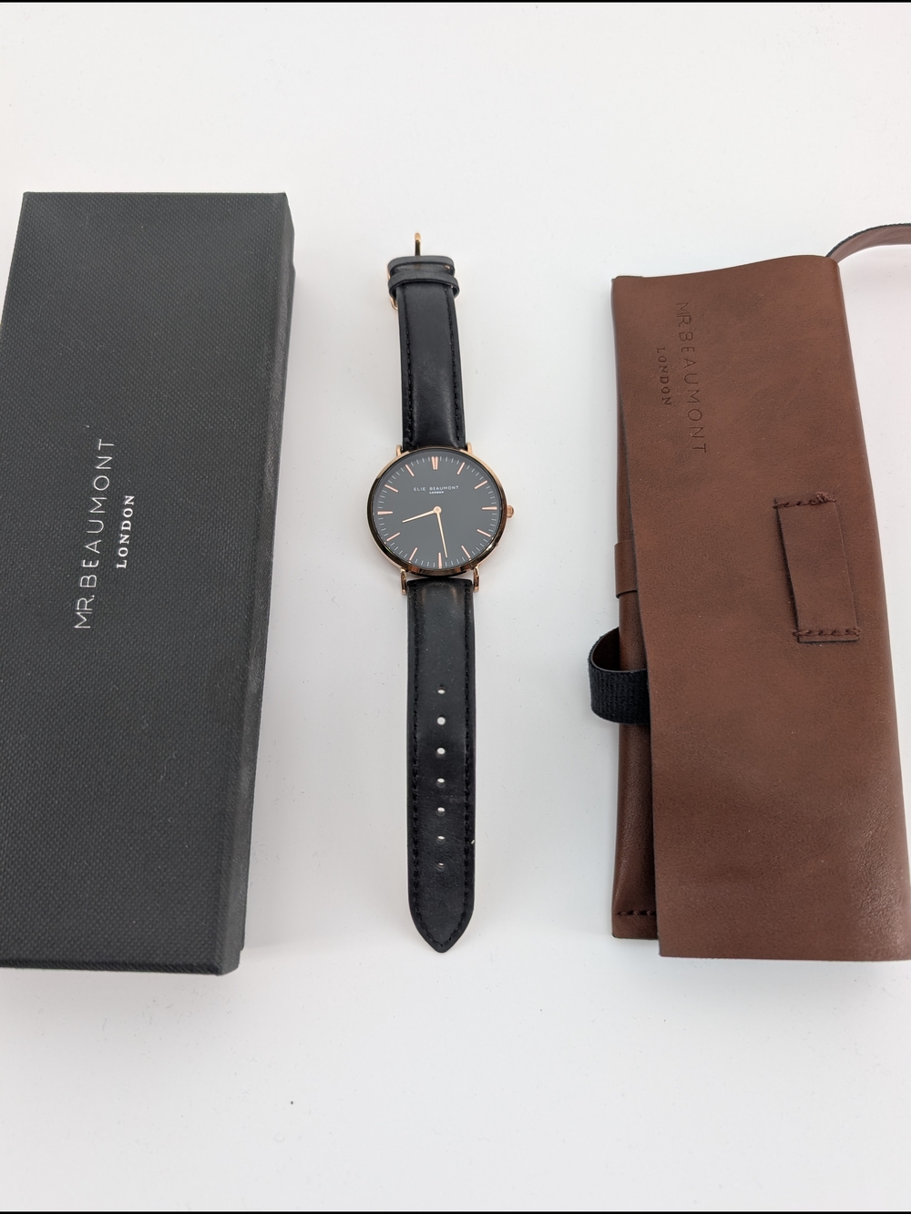 Mr Beaumont London Black Leather Watch with Rose Gold Dial